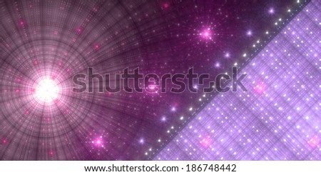 Abstract fractal background with a large star on the left, series of small stars in the middle and a solid mass withe a decorative gird pattern on the right, all in bright pink color
