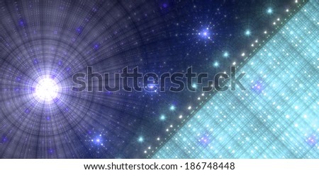 Abstract fractal background with a large star on the left, series of small stars in the middle and a solid mass withe a decorative gird pattern on the right, all in blue color