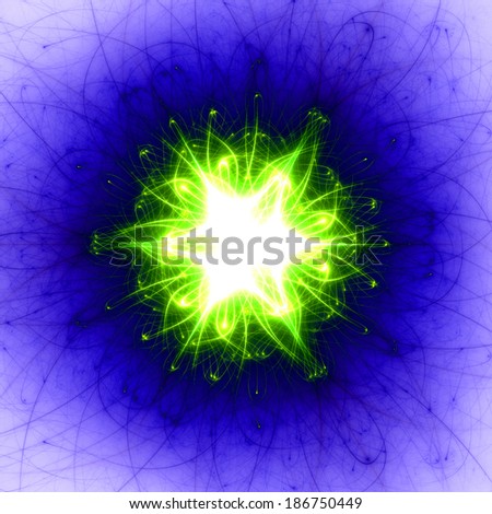 Abstract green beaming detailed star with six corners against a purple background with a detailed black pattern in high resolution