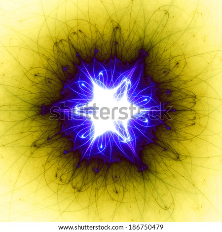 Abstract yellow beaming detailed star with six corners against purple background with a detailed black pattern in high resolution