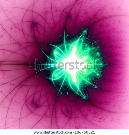 Abstract distorted star background with a detailed pattern surrounding the central star in pink and green