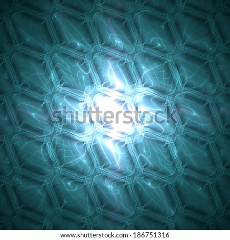Abstract tile background with hexagonal crystal-like tiles with bright white shining center and surrounding green-blue background