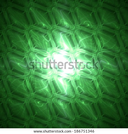 Abstract tile background with hexagonal crystal-like tiles with bright white shining center and surrounding green background