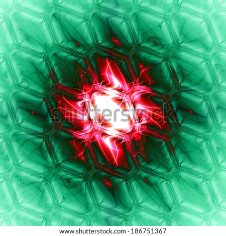 Abstract tile background with hexagonal crystal-like tiles with center in bright red color and surrounding background being in green