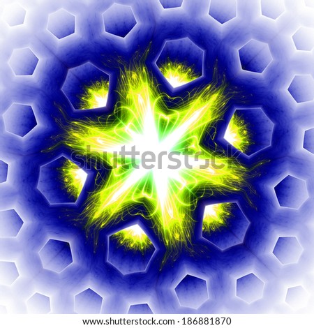 Abstract white and yellow beaming detailed star with six corners against a purple background with a detailed hexagonal geometric pattern descending downwards, all in high resolution