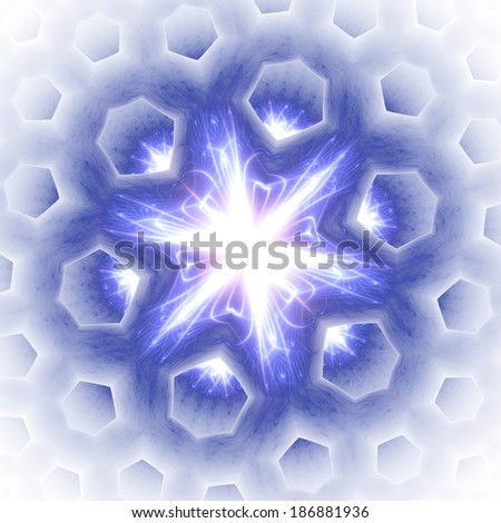 Abstract white beaming detailed star with six corners against a light purple background with a detailed hexagonal geometric pattern descending downwards, all in high resolution