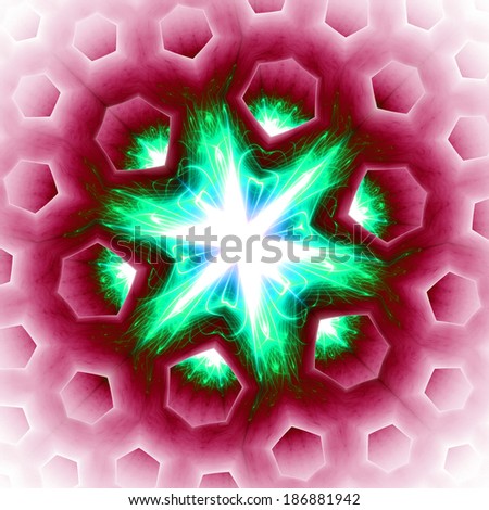 Abstract white and green beaming detailed star with six corners against a red background with a detailed hexagonal geometric pattern descending downwards, all in high resolution