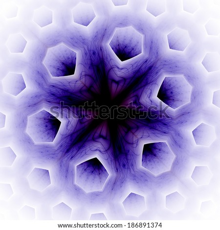 Abstract black beaming detailed star with six corners against an purple background with a detailed hexagonal geometric pattern descending downwards, all in high resolution