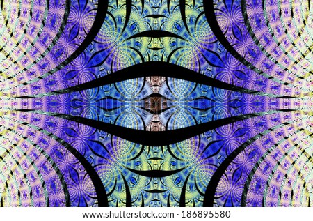 Abstract high resolution fractal wavy background with a detailed interconnected pattern made out of decorated arches in yellow, purple, blue and green colors against black background