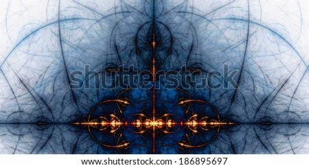 Abstract tower-like background with a shining star-center and a detailed decorative pattern in blue and orange colors against light background and in high resolution
