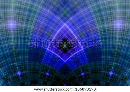 Abstract fractal arch with a detailed square grid pattern in dark blue and green colors and in high resolution