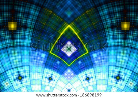 Abstract fractal arch with a detailed square grid pattern in blue and yellow colors and in high resolution