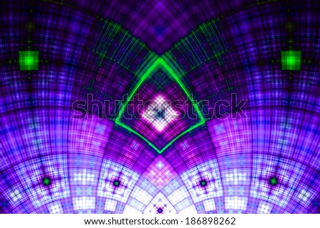Abstract fractal arch with a detailed square grid pattern in pink, purple and green colors and in high resolution