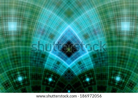 Abstract fractal arch with a detailed square grid pattern in green  and blue colors and in high resolution