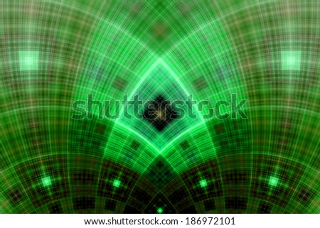 Abstract fractal arch with a detailed square grid pattern in green and orange colors and in high resolution