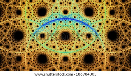 Abstract fractal background with a detailed pattern consisting out of interconnected rings and circles in yellow and blue colors against black background