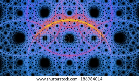 Abstract fractal background with a detailed pattern consisting out of interconnected rings and circles in blue and pink and orange colors against black background