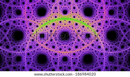 Abstract fractal background with a detailed pattern consisting out of interconnected rings and circles in pink, green and yellow colors against black background