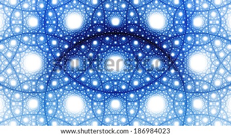 Abstract fractal background with a detailed pattern consisting out of interconnected rings and circles in dark blue color against white background