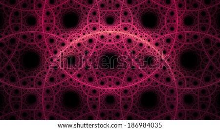 Abstract fractal background with a detailed pattern consisting out of interconnected rings and circles in dark pink color against black background
