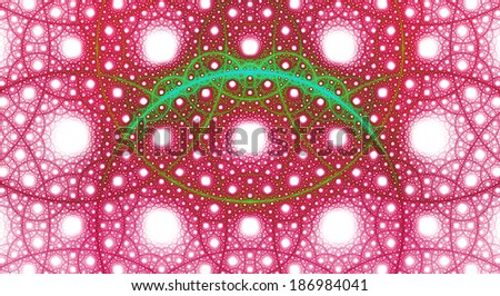 Abstract fractal background with a detailed pattern consisting out of interconnected rings and circles in pink and green colors against white background