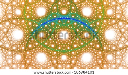 Abstract fractal background with a detailed pattern consisting out of interconnected rings and circles in orange, blue and green colors against white background