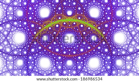 Abstract fractal background with a detailed pattern consisting out of interconnected rings and circles in purple, yellow and green colors against white background
