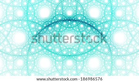 Abstract fractal background with a detailed pattern consisting out of interconnected rings and circles in light blue color against white background