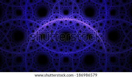 Abstract fractal background with a detailed pattern consisting out of interconnected rings and circles in purple color against black background