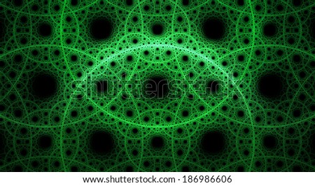 Abstract fractal background with a detailed pattern consisting out of interconnected rings and circles in green color against black background
