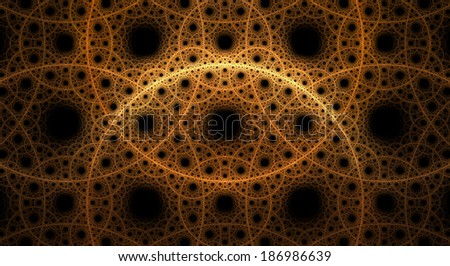 Abstract fractal background with a detailed pattern consisting out of interconnected rings and circles in orange color against black background