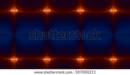 Abstract high resolution dark blue and orange grid ladder-like background with four decorative pillars and eight glowing orange centers, all interconnected with each other