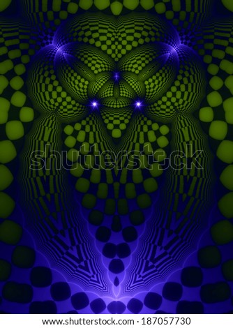 Abstract alien fractal background with a detailed pattern surrounding it, all in purple and green colors