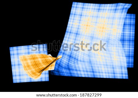 Abstract orange and blue fractal background with a blue detailed twisted and distorted square grid pattern against black color