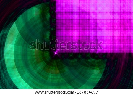 Abstract fractal background in high resolution with a bright detailed pink grid pattern in the right upper corner coming out of the center of a decorative circular pattern in green color