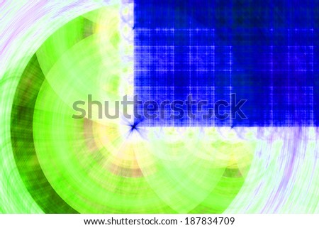 Abstract fractal background in high resolution with a detailed purple grid pattern in the right upper corner coming out of the center of a decorative circular pattern in green and yellow colors