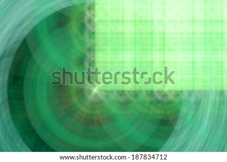 Abstract fractal background in high resolution with a bright detailed green grid pattern in the right upper corner coming out of the center of a decorative circular pattern in dark green color