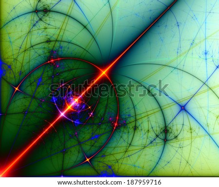 Blue,green,red,pink abstract high resolution fractal background with a detailed pattern (flower-like alien structure with various decorative intersecting lines) coming out of the left lower corner