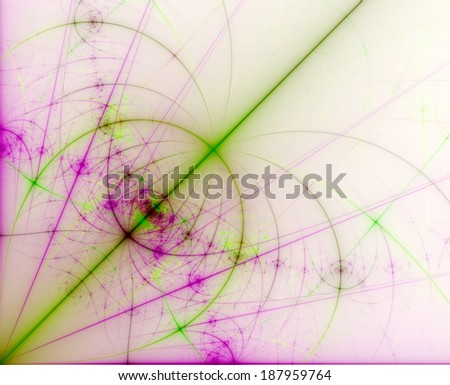 Light green and pink  abstract high resolution fractal background with a detailed pattern (flower-like alien structure with various decorative intersecting lines) coming out of the left lower corner