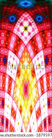 Tall bright yellow, red and blue abstract decorative fractal arch with a detailed square grid pattern in high resolution