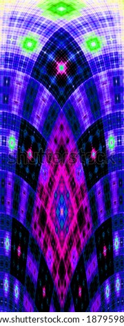Tall abstract decorative fractal arch with a detailed square grid pattern in pink, purple and green colors and in high resolution