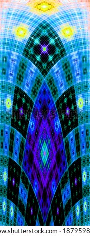Tall abstract decorative fractal arch with a detailed square grid pattern in purple,blue and yellow colors and in high resolution