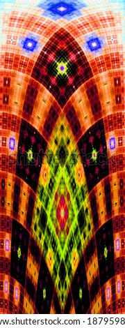 Tall abstract decorative fractal arch with a detailed square grid pattern in orange, yellow and blue colors and in high resolution