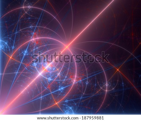 Glowing red and blue abstract high resolution fractal background with a detailed pattern (flower-like alien structure with various decorative intersecting lines) coming out of the left lower corner