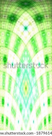 Tall light blue and green abstract decorative fractal arch with a detailed square grid pattern in high resolution