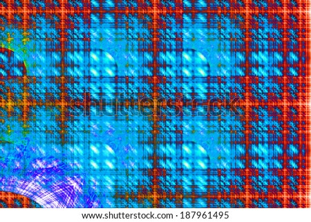 Abstract fractal grid background with a very detailed intersecting squarish red, blue and orange pattern and a decorative shape in the left lower corner in purple color
