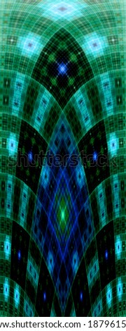Tall dark blue and green abstract decorative fractal arch with a detailed square grid pattern in high resolution
