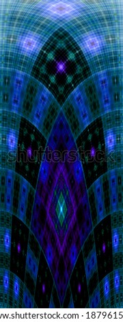 Tall dark purple and blue abstract decorative fractal arch with a detailed square grid pattern in high resolution