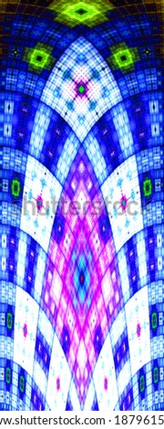 Tall bright pink, blue and green abstract decorative fractal arch with a detailed square grid pattern in high resolution