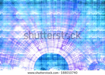 Blue and purple abstract high resolution fractal background with a detailed grid pattern and a decorative bright arch in the center resembling a sun corona